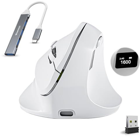 Wowssyo Ergonomique Souris Verticale avec écran, 3 Modes [Bluetooth 5.3, 2,4 GHz, Filaire], Souris sans Fil Rechargeable, 800/1200/1600/2400/4800 DPI, PC/Mac - Blanc