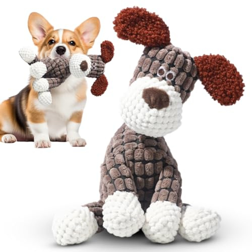Piashow Hunde Kuscheltier Unzerstörbar 25cm, mit Quietscher, Interaktives Hundespielzeug Hund Plüsch, Braun