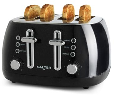 Salter Boston 4-Slice Toaster, Extra Wide Slots, 6 Browning Levels | Defrost, reheat, cancel functions, High-lift eject, Removable crumb tray, Black shimmer finish with silver accents