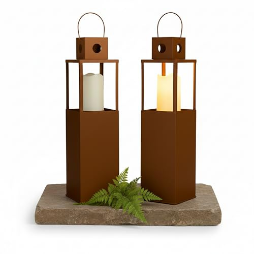 LED Laterne Outdoor 52 cm – Metalllaterne in Rost-Optik inkl. Kerze – Gartenlaterne für Draußen mit Timer – Gartendeko für Draußen wetterfest für Terrasse, Balkon & Eingangsbereich – Windlicht Outdoor