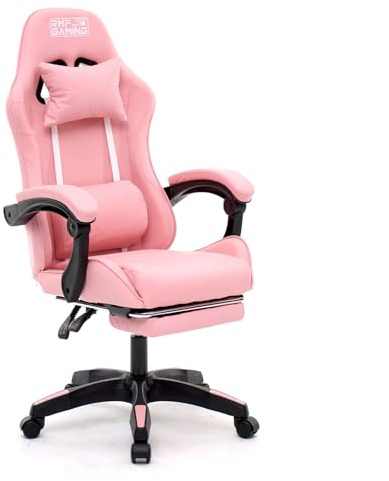 RMF Sedia Gaming Professionale Ergonomica Reclinabile, Poltrona Gaming Seduta Comoda e Rilassante con Poggiapiedi - Sedia per Gamer con Ruote Girevoli, Altezza Regolabile (Rosa)