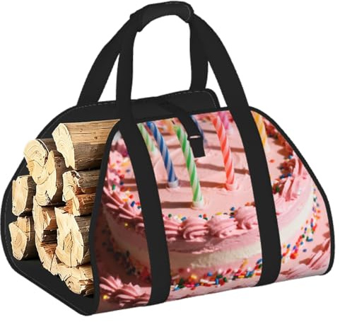 CNTDBU Birthday Cake Candles Firewood Carrier Bag-Heavy Duty Canvas Log Tote, Waterproof Wood Hauler with Padded Handles