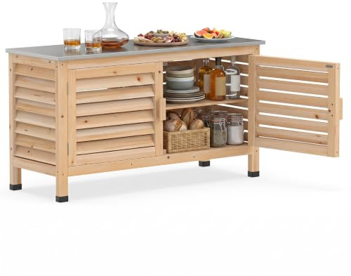 COSTWAY Armoire de Rangement Extérieur en Bois de Sapin | Coffre de Jardin 2 Portes Persiennes avec Plan de Travail en Acier Inoxydable Étagère en L, pour Balcon Terrasse