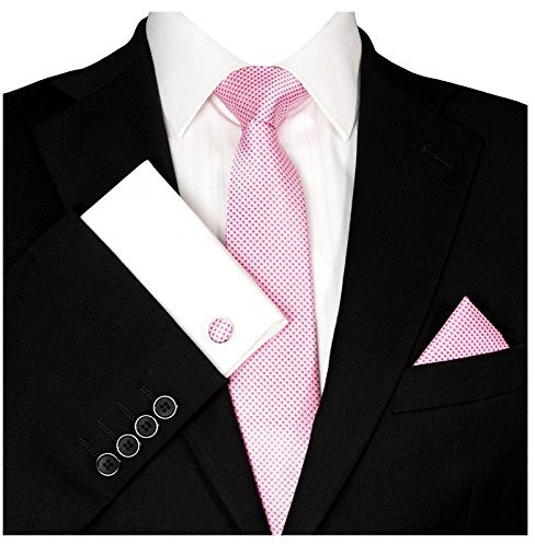 GASSANI Set Sottile Cravatta 3 Pezzi, Cravatta D Uomo Rosa Pink A Quadretti E Piccoli Pois, Cravatta Matrimonio Lunghezza Extra, Larghezza Slim 7 Cm, Con Pochette Taschino Fazzoletto E Gemelli