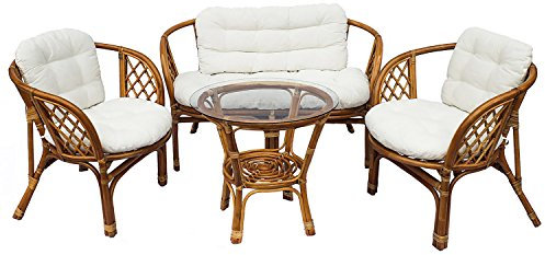 FineHome 10-TLG Luxus Gartensitzgruppe Echtes Rattan Bahama inkl. Auflagen Gartengarnitur Natur 10-TLG Luxus Gartensitzgruppe Echtes Rattan Bahama inkl. Auflagen Gartengarnitur Natur