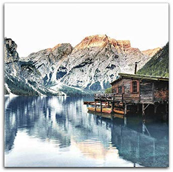 Glasbild Tyrol Hut 30 x 30 cm I Pragser Wildsee Südtirol Lago di Braies Italien I Wandbild aus Glas I Bild Wohnzimmer Schlafzimmer Küche I Natur Landschaft Ausblick Boot See XXL groß Berghütte Hütte