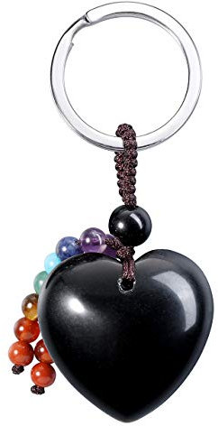 JOVIVI Natürlicher schwarzer Obsidian-Kristallherz-Anhänger, Schlüsselanhänger, 7 Chakra-Reki-Heilkristalle, Edelstein-Perlen, Schlüsselanhänger
