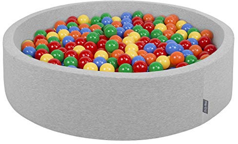 KiddyMoon Bällebad 120X30cm/600 Bälle Rund Groß Bällepool Mit Bunten Bällen Für Babys Kinder, Hellgrau:Gelb-Grün-Blau-Rot-Orange