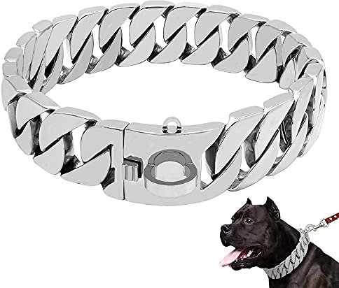 LINGYUN Goldkette Hundehalsband Hochleistungs-Choke Kubanische Hundekette für Große Hunde, 30 Mm Breite, Hundehalsband, Starke Stahlmetallglieder für Große Rassen,Silber,60CM/23.5in