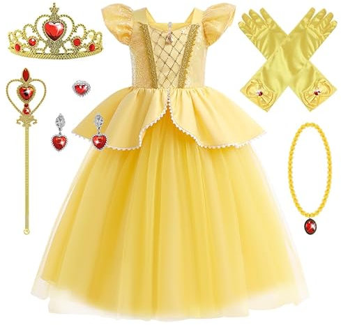 YOSICIL Ragazza Principessa Belle Costume Vestito Abiti di Halloween Cosplay Costume Ragazza Compleanno Partito Carnevale Vestiti Abiti Costumi Vestire Girls Dress Belle,Giallo,110