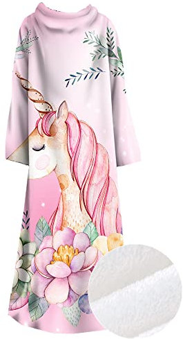 PEIHUODAN Kuscheldecke Mit Ärmeln Kinder Mädchen Damen XXL Winter Weiche TV-Decke Microfaser Fleece Tagesdecke Ärmeldecke Lazy Einhorn Motiv Warmer Poncho Wohndecken Decke Flauschig (Rosa,115x130 cm)