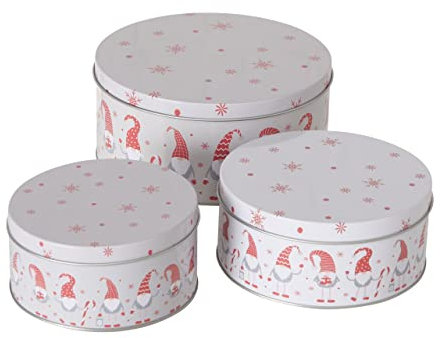 Boltze Vorratsdose Lucky 3-teilig (Form rund, Plätzchendose, Wichtel-Motiv, Weihnachts Dosen, matte Oberfläche, XMas, Größen ø 14x6 cm / ø 20x9 cm / ø 16x7 cm) 2024395