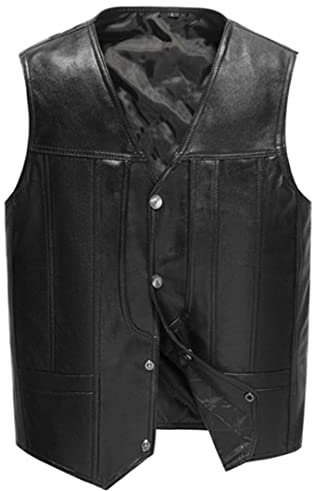 KMMBBTY Herren Schaffell Lederweste mit Taschen V-Ausschnitt Herren Lederjacke Slim Fit Oberbekleidung Weste Black L