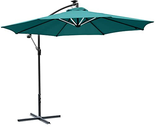 Outsunny Ombrellone da Giardino Ø3x2.5 m a Braccio con Manovella e 8 Strisce LED a Energia Solare, Verde