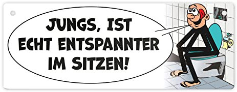 Bitte im sitzen pinkeln Metallschild im Comic-Stil in weiß ein lustiges Toilettenschild für öffentliche oder auch private Toiletten um sie vor unnötiger Verschmutzung zu bewahren