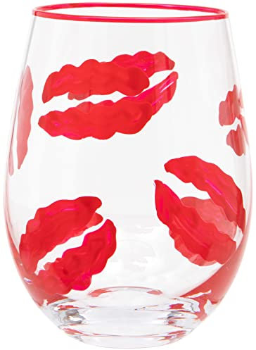 Maturi Hand Painted Lipstick Kiss Stemless Wine Glass, 530ml, Red, Gift Boxed