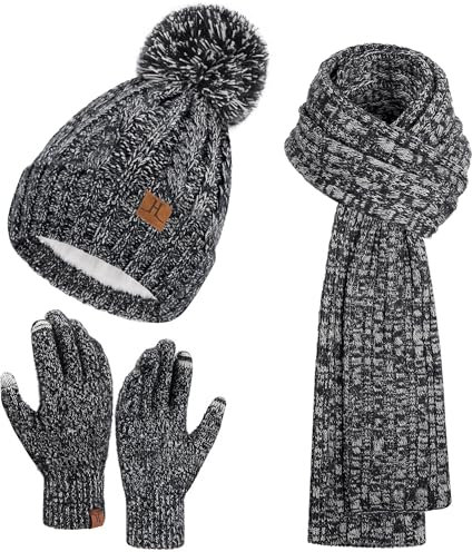 Damen Winter Warm Beanie Mütze Touchscreen Handschuhe Lang Schal Set mit Fleece Gefüttert, Thermo Wintermütze Strickmütze mit Bommel Schals Winterhandschuhe Frauen Geschenk, Schwarz Weiß
