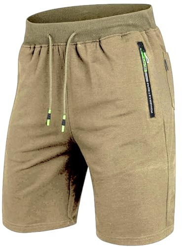 Tansozer Mens Gym Shorts Summer Casual Sports Workout Short Pants with Zip Pockets Khaki XL