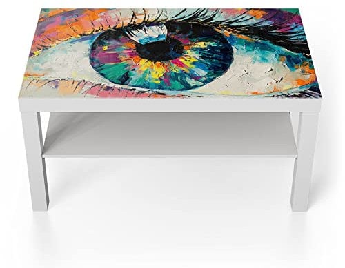 DEQORI Glastisch | weiß groß 90x50 cm | Motiv Auge in bunten Ölfarben | ausgefallener Beistelltisch aus Glas | Hochglanz Couchtisch fürs Wohnzimmer | moderner Couch Tisch mit Design