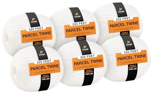 Parcel Twine - Polyester Cord Twine String 225' - Extra Strong Thick White String Spool - Ties Easily and Securely- Packaging Rope, Lacing Cord, Braided Line for Craft Supplies and Packing 6 Pack