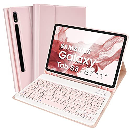 SOPPY Keyboard Case for Samsung Galaxy Tab S9FE/S9/S8/S7 11 inch, UK Layout, Slim Cover with Detachable Keyboard for Galaxy Tab S7/S8/S9/S9FE 11 Tablet, Pink
