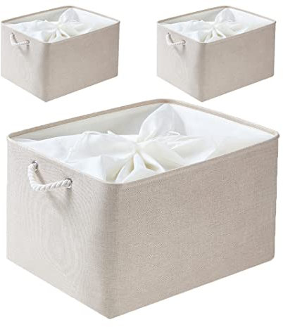 Mangata Stoff Aufbewahrungsboxen, Faltbare Aufbewahrungsbox mit Seilgriffen für Regale, Schrank, Kleiderschrank, 3er-Pack (Helles Khaki, XXL)