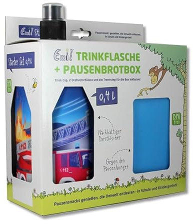 Emil Trinkflasche aus Glas inkl. Brotbox & Ersatzverschlüsse – Starterset zur Einschulung - BPA-frei & schadstofffrei, isolierend – Ziehverschluss für Wasser, Saft & Milch – Feuerwehr (0,3l)