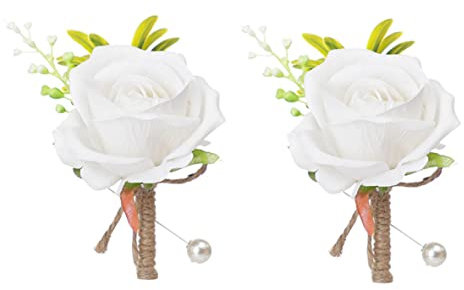 YdseozOA 2 Stück Korsage Hochzeit Boutonniere Künstliche Rosen Blumen Blumenstrauß Brosche Dekor für Braut Bräutigam Hochzeit Prom Party Bankett Rosen Boutonniere (Weiß)