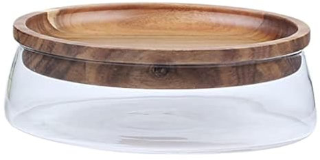 ShawFly Frutero de Vidrio Con Tapa de Bandeja de Madera, Elegante Cesta de Frutas, Doble Bandeja Seca y de Nueces de Melón, Organizador de Caramelos, Centro de Mesa