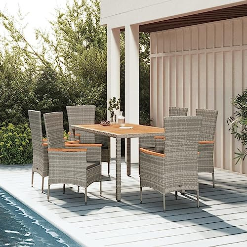 JUNZAI 7-TLG. Garten-Essgruppe mit Kissen, Sitzgruppe Garten, Gartenmöbel Set, Patio Table Set, Sitzgarnitur, Garten Esstischgarnitur, Grau Poly Rattan