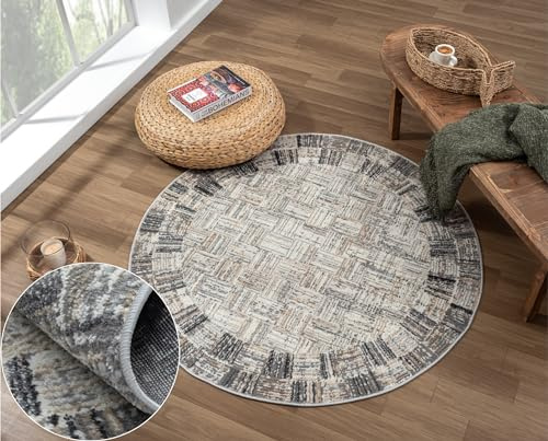 MY-RUG Teppich Ola rund Creme 120 x 120 cm Runder Esszimmerteppich in kurzflor, Badezimmerteppich in Beige Grau meliert für das Wohnzimmer
