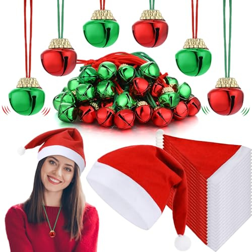 Seajan 200 Pcs Christmas Santa Hats and Jingle Bell Necklaces, Red