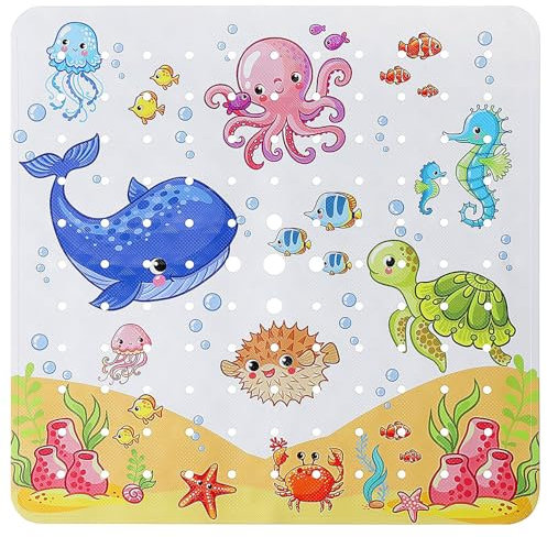 Tapis de douche antidérapant pour salle de bain, 53 x 53 cm, tapis de douche pour enfants avec thème marin, carré, antidérapant, résistant à la moisissure et lavable en machine