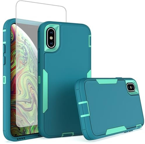 Sidande Case for iPhone Xs Case, iPhone X with Tempered Glass Screen Protector, Rugged Dual Layer Support Magnetic Car Mount Protective Cases Cover for Apple iPhone Xs/X Teal Mint