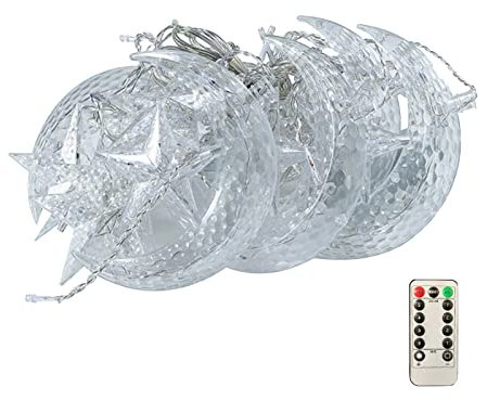 Stern Mond Lichterkette, LED Mond und Stern Licht Vorhang, LED Stern Mond Licht Vorhang Licht, LED Lichterkette Mond Sterne, Lichterkette für Weihnachten Ramadan Dekoration (White, O)