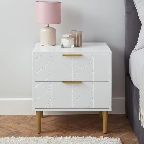 Home Stuff Plus Bedside Table - Wooden Bedside Cabinet with 2-Drawer for Storage - White Bedside Table with Bronze Accents for Bedroom, Living Room, and Small Spaces - H 53 x W 50 x D 40 cm