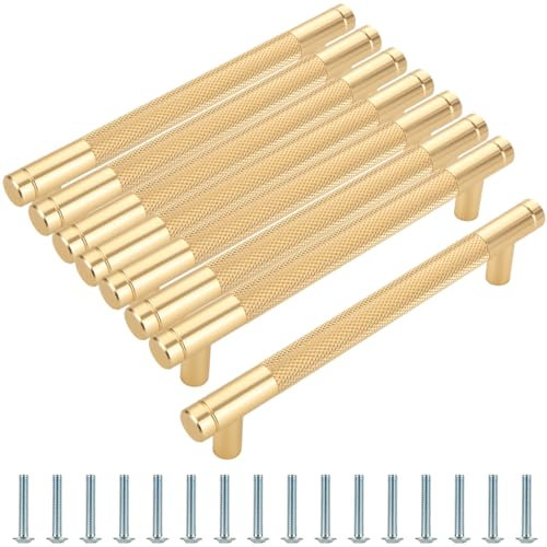 MEIDIV 8PCS Gold Cupboard Handles, Hole Spacing 128mm Gold Wardrobe Handles, T Bar Handle for Kitchen Cupboard Wardrobe Cabinet Door