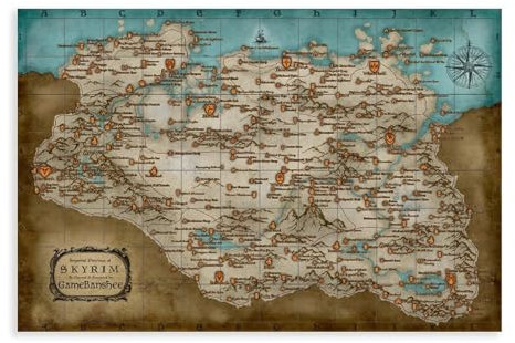ALNILA Skyrim Map 1 Leinwand-Poster, Wandkunst, Dekordruck, Bild, Gemälde für Wohnzimmer, Schlafzimmer, Dekoration, ungerahmt, 50 x 75 cm
