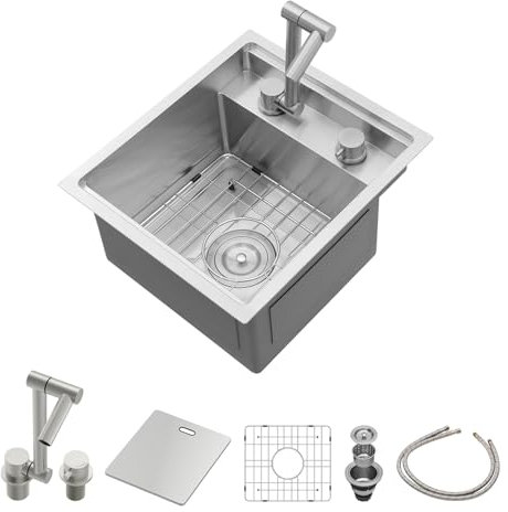 Lordear RV-Küchenspüle mit faltbarem Wasserhahn, 38,1 x 43,2 cm, Bar-Vorbereitungsspüle, Unterbau, 16 Gauge, Edelstahl, Einzelschüssel, kleine Küche, Camper, Nassbar, Wohnmobil-Waschbecken