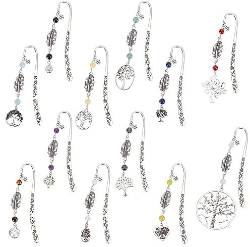 DELORIGIN 12 Stück Lebensbaum Lesezeichen Abschiedsgeschenk für Schulklasse Schüler Geschenk Lehrerin Grundschule Vintage Edelstein Perlen Lesezeichen für Lesen Buchliebhaber Lehrer Mädchen Kinder