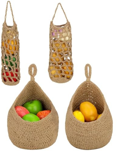 4 Stück Hängekorb Obstkorb Hängend Wandkorb, Fruit Basket Obstkorb Wand Hängekorb, Küche Wand Obst Gemüse Aufbewahrungskörbe Juteseil gewebt dekorativer Hängehalter für Küche