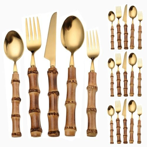 Royal Shang Youpin Destacados Mango De Bambú Genuino Cocina Cubiertos De Acero Inoxidable Vajilla Cubiertos Cubiertos Cuchillos Tenedores Cucharas Juego Cuchillo (Oro,20 piezas)