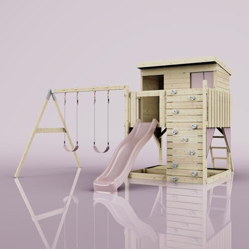PolarPlay Spielturm Nils aus Holz in Rosa Kinderschaukel