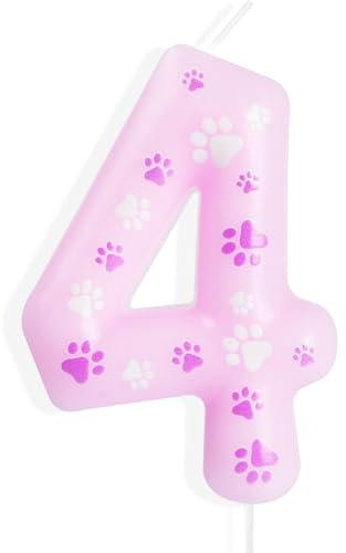 Yiran Dog Paw Geburtstagskerzen Zahlen 4, PAW 4 Jahre Geburtstagskerzen Geburtstagsdeko, Kerzen Geburtstag, Geburtstag Kerzen,Rosa Paw Dog GeburtstagKerzen für Kinder Geburtstag Party