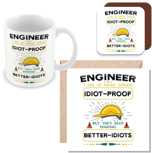 MUGGZ Mug, Card & Coaster Gift for Engineer - I Try to Make Things Idiot Proof - Giftset - Made in The UK