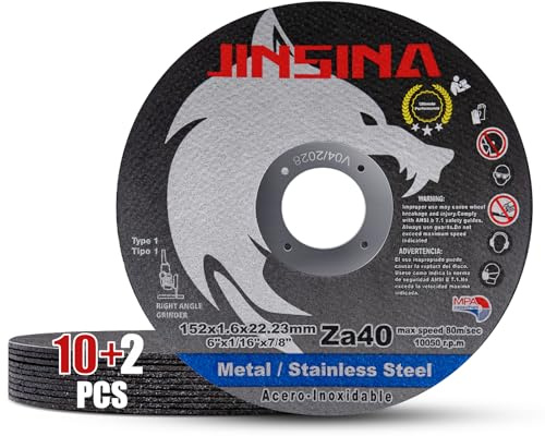 JINSINA Cut Off Wheels 12 PCS, 6 Inch Metal and Stainless Steel Cutting Wheel, Fast Cutting Disc for Angle Grinder (6 x 1/16 x 7/8inch) 10+2pcs