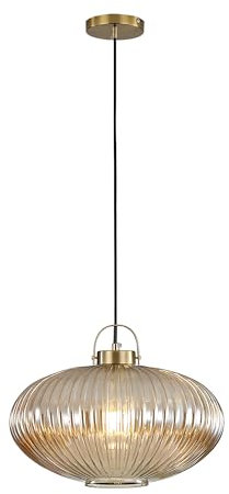 Hnexsei - Luminaires suspension, douille de lampe dorée avec abat-jour en verre rayé, lustres, plafonnier pour cuisine, salon, chambre à coucher (Ambre, L)