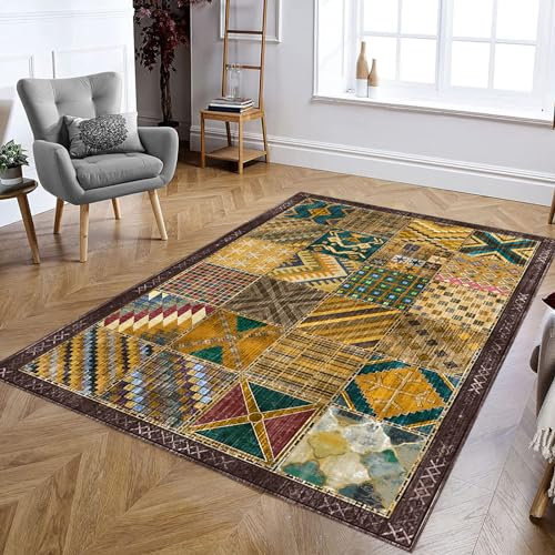 Tapis patchwork vintage rectangulaire pour salon 140 x 240 cm Marron chocolat doré jaune vert foncé bleu marine rose orange multicolore rouge