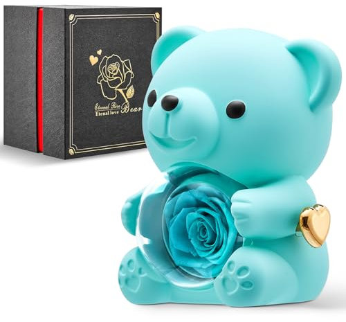 Mikasol Ours en Peluche Romantique Bleu Clair avec Rose Préservée - Rose Réelle dans Une Boîte Cadeau Élégante Noire - Cadeau Parfait pour la Saint-Valentin, Anniversaires, Mariages, Fête des Mères