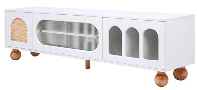 infirack TV-Möbel, TV-Möbel mit Rattan-ähnlicher Tür, Glasschiebetür, DREI offenen Bogenbereichen, lowboard mit goldenen Griffen und massiven Holzfüßen.
